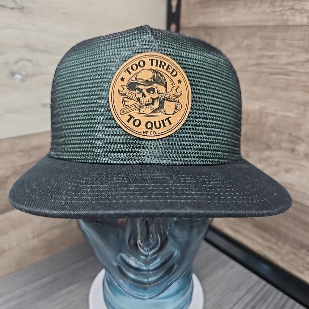 "TOO TIRED TO QUIT" RF CO. Trucker Snapback Hat Cap BlackDark Green Pacific 724